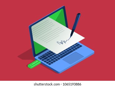 Isometric illustration on the theme of digital signature with laptop.