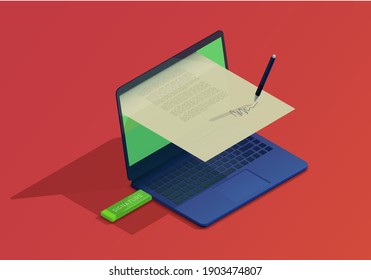 Isometric illustration on the theme of digital signature with laptop on red background