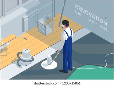 Isometric illustration on the theme of room renovation. Laying of laminate and screed.