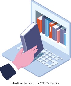 isometric illustration of online books with hand