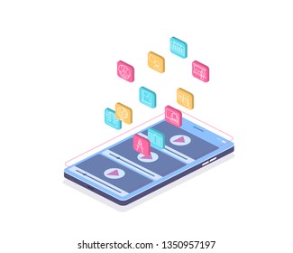 Isometric illustration, online education, online video training, 3d isometric for web background design. Internet concept. Modern education landing. University modern concept illustration. Isolated
