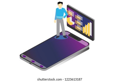 isometric illustration online learning with video teleconference, vector illustration