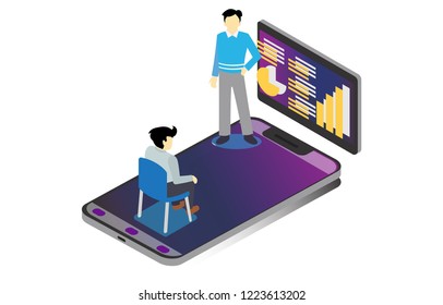 isometric illustration online learning with video teleconference, vector illustration
