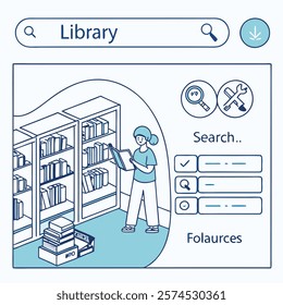 Isometric illustration of an online library concept.