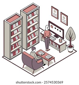 Isometric illustration of an online library concept.