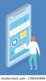 Isometric illustration of online medicine service. Dentist consults patient online. Tooth care and oral hygiene checkup. Heart cardiogram in a smartphone. Doctoral tool. Healthcare center design