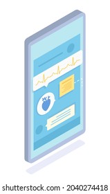Isometric illustration of online medicine service. Chat with doctor on smartphone. Heart problems message and cardiogram on smartphone screen. The study of medical tests. Online diagnostics concept