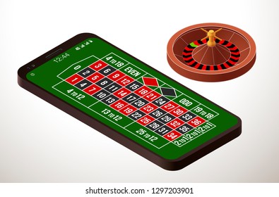 isometric illustration Online Poker casino banner with mobile phone and roulette. Marketing Luxury Banner Jackpot Online Casino with isometric New model Smartphone and roulette Advertising poster