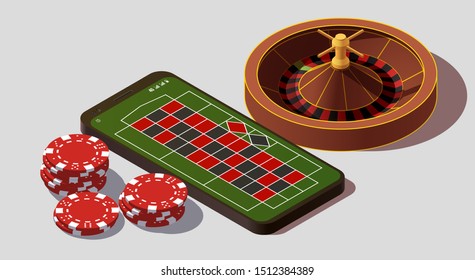 isometric illustration Online Poker in casino. Banner mobile phone roulette chips. Marketing Luxury Banner Jackpot. Online Casino with isometric model Smartphone and roulette chips. Advertising poster