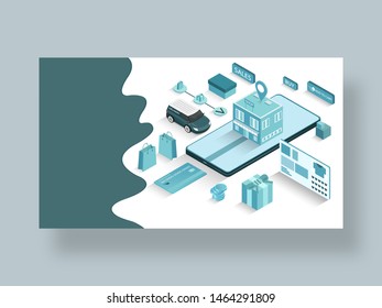 Isometric illustration of online shop location app in smart phone with shopping elements, delivery the order with help of taxi car.