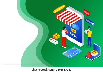 Isometric illustration of online shop in smartphone with payment card and gift boxes on green abstract background for Advertising concept.