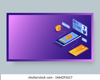 Isometric illustration of online shopping from smart phone with payment by credit card and coins on purple grid background. Responsive web banner or poster design.