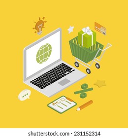 Isometric illustration of online shopping using laptop