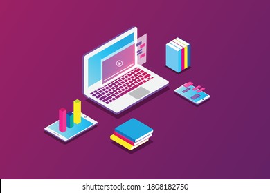 Isometric illustration of online study/education with Laptop, ipad, mobile, books. Online teaching, chats, presentation.