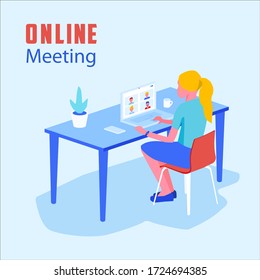 Isometric illustration online work meeting over the table, a person works online, talks to their colleagues on a webcam