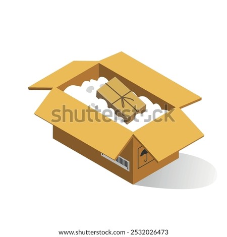 Isometric illustration of an open cardboard box filled with packaging material, with a small wrapped package inside, isolated on a plain white background.