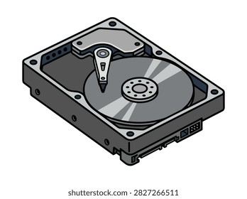 Isometric Illustration of an Open Computer Hard Disk Drive with Internal Parts