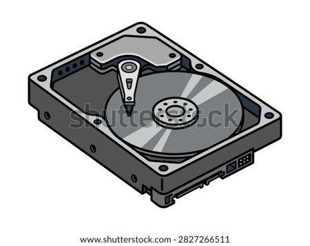 Isometric Illustration of an Open Computer Hard Disk Drive with Internal Parts