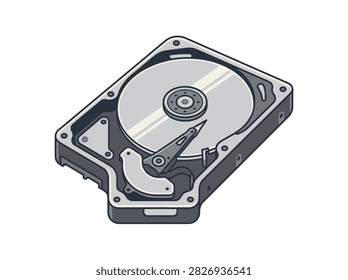 Isometric Illustration of an Open Hard Disk Drive for Computer Data Storage