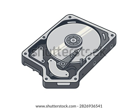 Isometric Illustration of an Open Hard Disk Drive for Computer Data Storage
