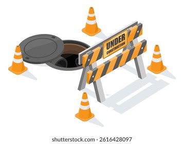 Isometric illustration of an open manhole surrounded by traffic cones and a construction barrier with under construction sign on white background for safety and infrastructure design cartoon