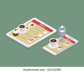 Isometric illustration of ordering food using tablet pc and smartphone in restaurant.