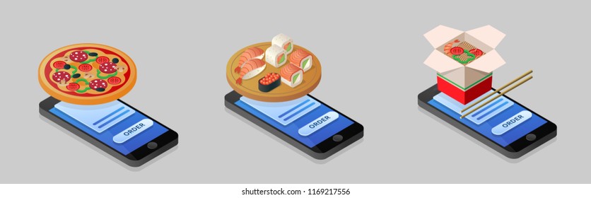 Isometric illustration of ordering pizza, sushi, noodles using smartphone, phone. Online ordering, food delivery, e-Commerce. Set vector icons. Flat 3D illustration.