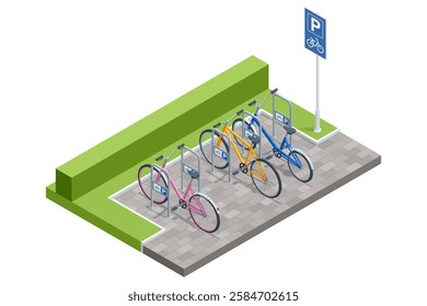 An isometric illustration of an outdoor bicycle parking area with three parked bikes pink, blue, and orange. The parking area is paved, enclosed by a green hedge, and has a blue parking sign.