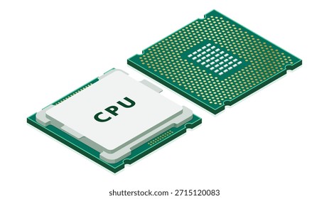 Ilustración isométrica de una CPU empaquetada que muestra ambos lados frontal y posterior en una placa de circuito diseñada para materiales educativos. Explicaciones de hardware de computadora Tecnología de semiconductores y conceptos de infraestructura de IA