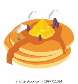 isometric illustration of a pancake where the butter has been replaced by a mountain, a berry has been replaced by a tree and someone is fishing in caramel jam