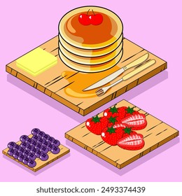 Ilustración isométrica de panqueques en una tabla de cortar y fresas, arándanos, cerezas, eps 10, editable.