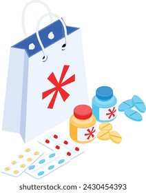 An isometric illustration of a paper shopping bag filled with colorful pills and various medical bottles.