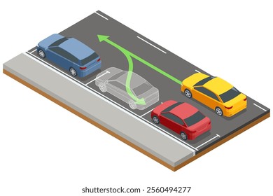 Isometric illustration of a parallel parking maneuver. A transparent car outline and green arrow indicate the parking trajectory between a red car and a blue car on the roadside