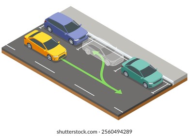 Isometric illustration of a parallel parking maneuver. A transparent car outline and green arrow indicate the parking trajectory between a red car and a blue car on the roadside