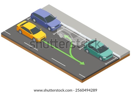 Isometric illustration of a parallel parking maneuver. A transparent car outline and green arrow indicate the parking trajectory between a red car and a blue car on the roadside