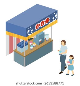 Ilustração isométrica: pais e crianças comprando gelo raspado em uma barraca de gelo raspado