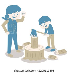 It is an isometric illustration of parents and children who enjoy chopping wood outdoors happily.