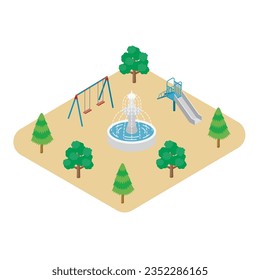 Isometric illustration of a park with fountains, swings and slides.