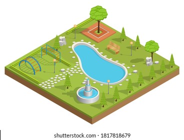 Isometric illustration of park with swimming pool and playground.