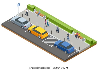 Isometric illustration of a parking lot with cars, a handicap parking spot, and a pedestrian pathway. Benches and green hedges provide seating and landscaping along the walkway