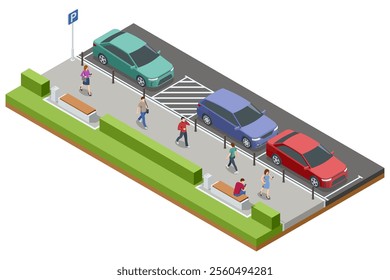 Isometric illustration of a parking lot with cars, a handicap parking spot, and a pedestrian pathway. Benches and green hedges provide seating and landscaping along the walkway