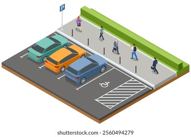 Isometric illustration of a parking lot with regular parking spaces and a designated handicap spot. Pedestrians are walking along a pathway with a green hedge in the background