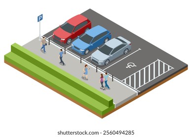 Isometric illustration of a parking lot with three vehicles and a designated handicap spot. Adjacent to the parking area is a pedestrian pathway with people walking along a landscaped hedge