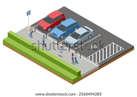 Isometric illustration of a parking lot with three vehicles and a designated handicap spot. Adjacent to the parking area is a pedestrian pathway with people walking along a landscaped hedge