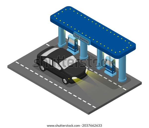 Isometric illustration. Passenger car\
refueling at gas station. Use of minerals as fuel. Cartoon 3d\
vector isolated on white\
background