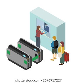 Ilustración isométrica: Pasajeros haciendo fila en una puerta de entrada tripulada