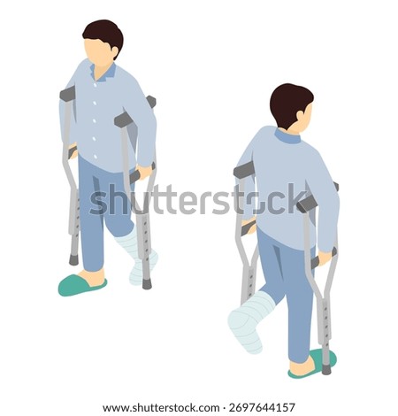 Isometric illustration: A patient with a broken bone using crutches