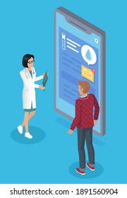 Isometric illustration of patient consultation with a doctor via the Internet. Online medical support. Internet therapist. Doctor woman advises patient man about medicines. Medical tubes and tests