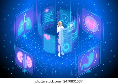 Ilustración isométrica de la gestión de datos del paciente utilizando inteligencia artificial en forma de una niña hermosa