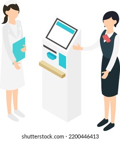 Isometric Illustration Of Payment Machine And Female Staff And Nurse